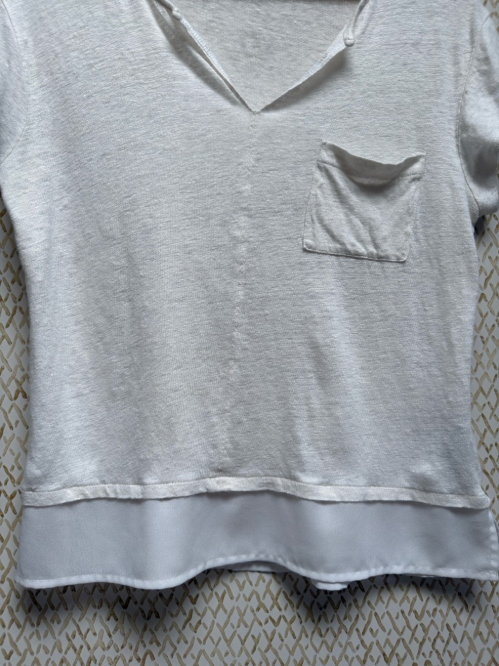 Sanctuary Linen Tee White VNeck Chiffon Hem Pocket Top Relaxed Boho L - Picture 7 of 11